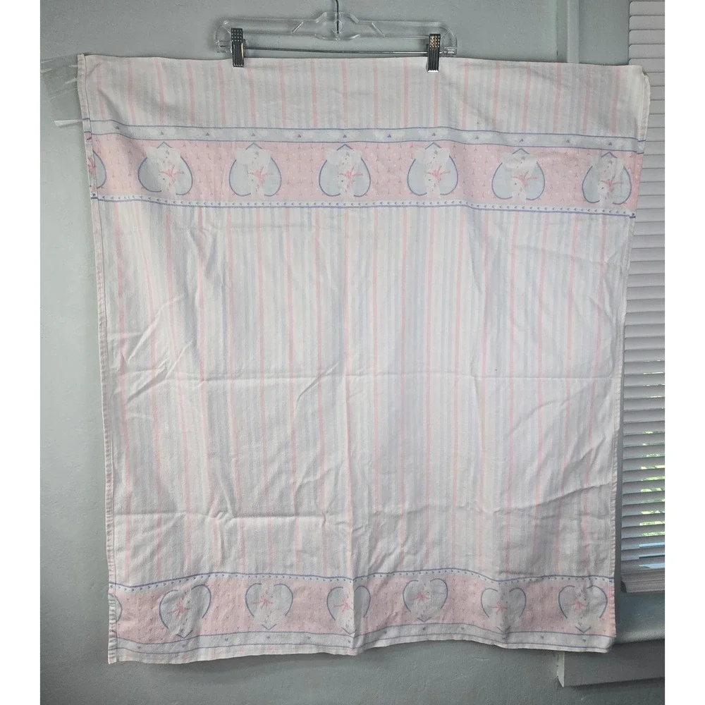 Vintage 1989 Genesis Inc Baby Blanket Pink Blue Stripe Bunny Heart Flannel 34x38